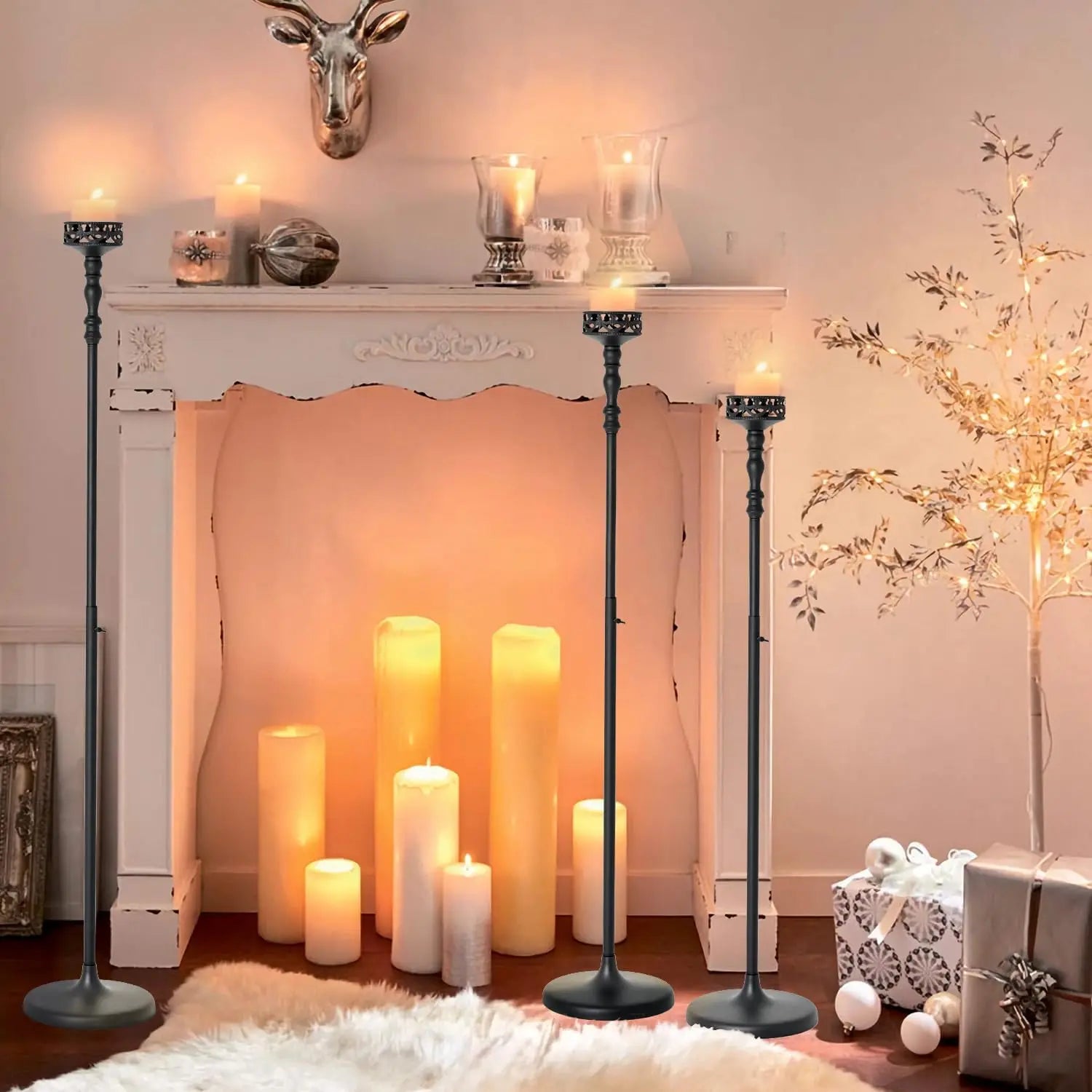 Floor Candle Holder Centerpieces for Tables 3Pcs Candle holders Metal Candlestick for Wedding Ceremony Halloween Decor (Black)