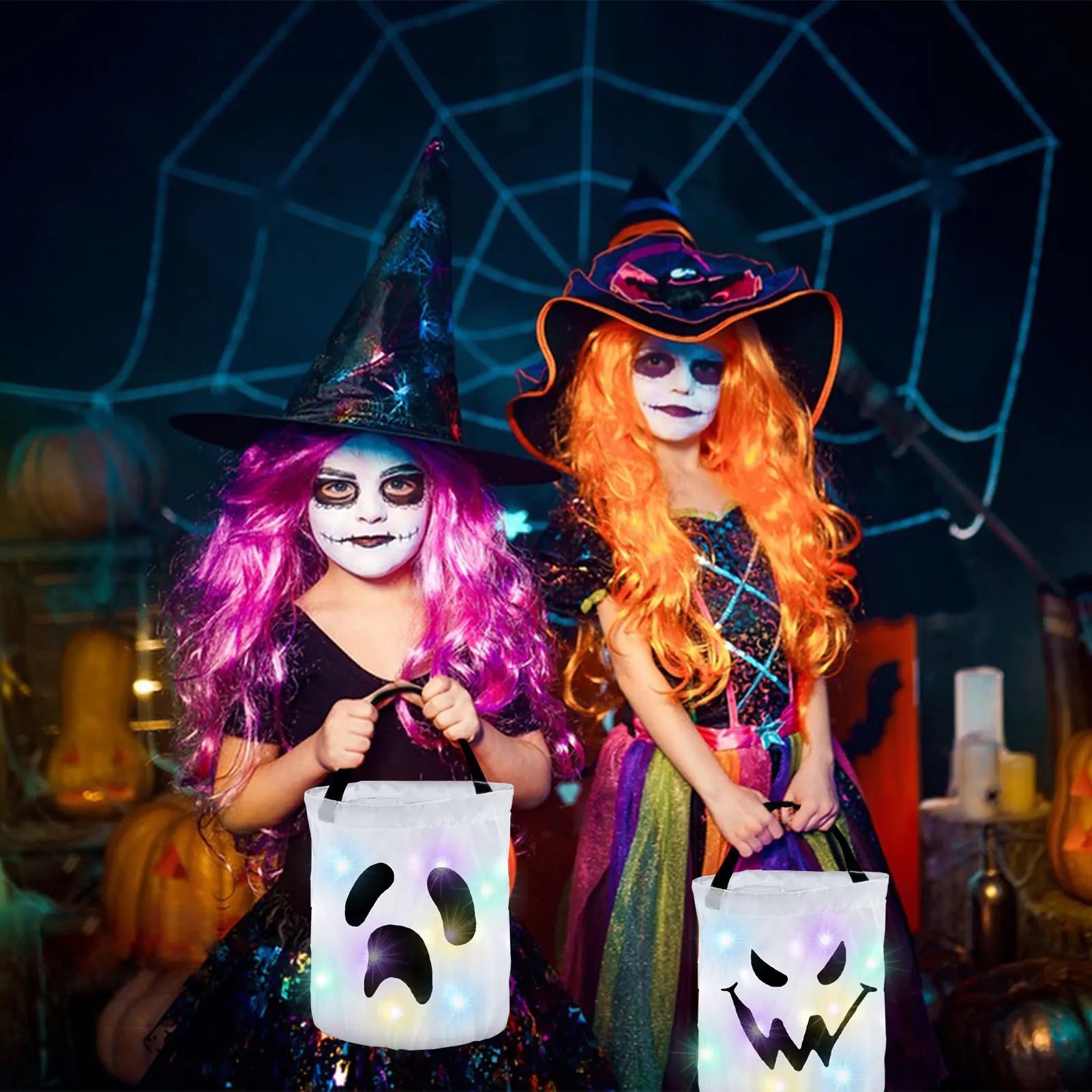 LED luminous pumpkin bag Halloween decoration pumpkin candy bag Foldable decorative item tote bag