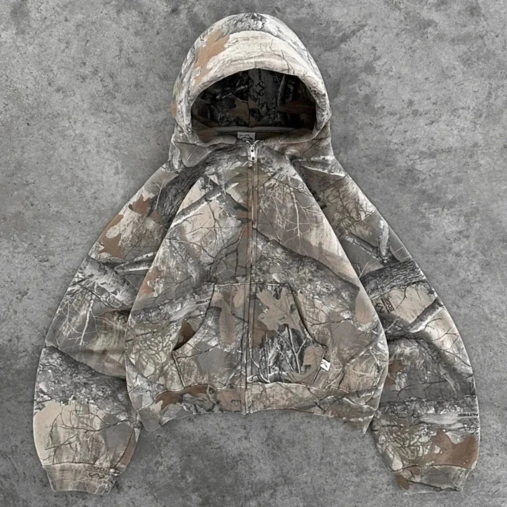 Y2K Hoodie Retro Zip Up Camouflage Pattern Zipper Sweatshirt High Street Hip Hop Streetwear Man and Women Hoodies Unisex Camo